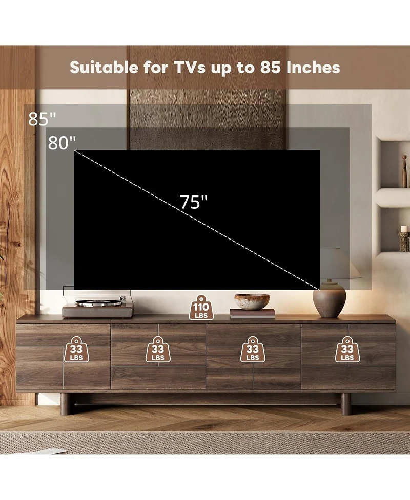 Rainsken 70 inch Modern Tv Stand, for TVs up to 85 inch, Push Open Doors Soft Close Hinges Cable Management 4 Doors Storage, for Living Room
