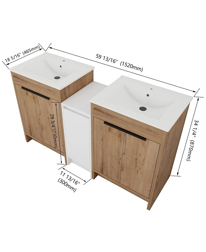 Sillysis Freestanding Double Bathroom Vanity Set with Ceramic Sinks, Plywood Cabinets, Center Storage for Modern Bathrooms