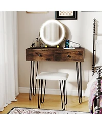 Volenca Vanity Desk with Lighted Adjustable Mirror, Usb-c, and Stool, 30-in Tabletop