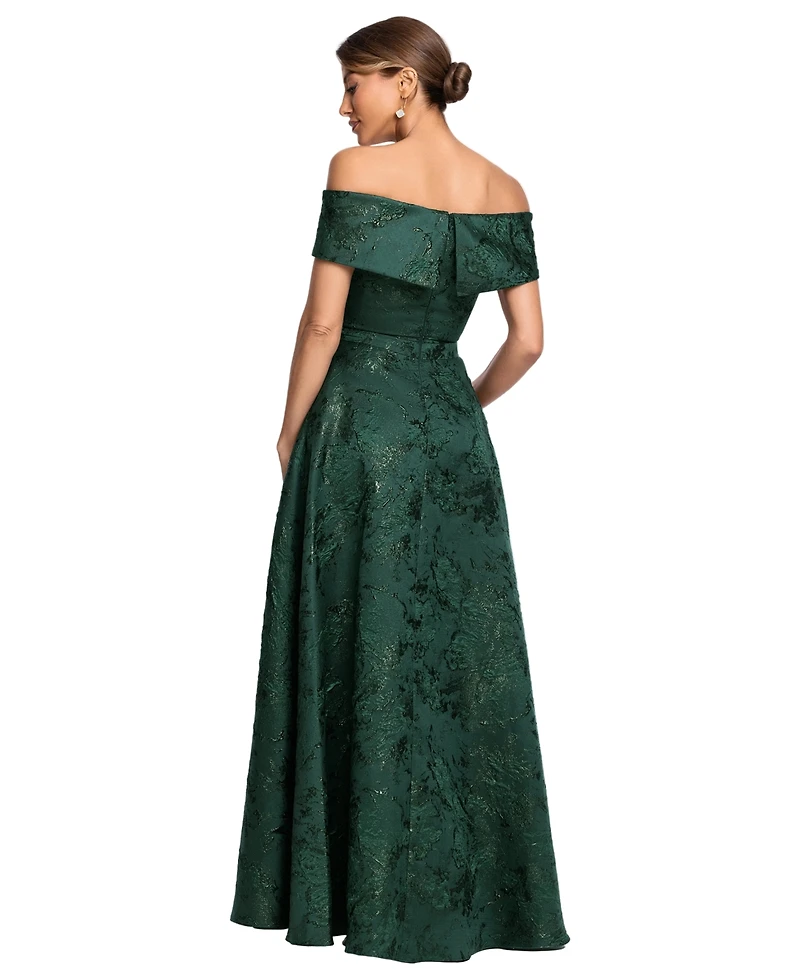 Xscape Petite Off-The-Shoulder Brocade Print Ball Gown