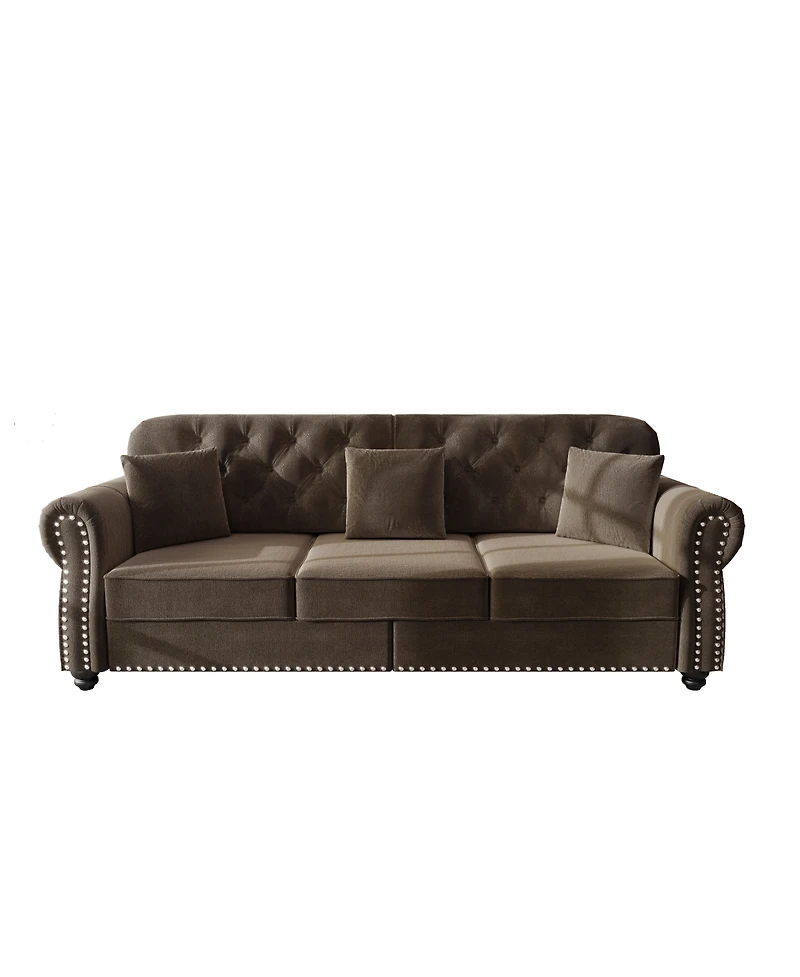 Streamdale Furniture 82.6'' Velvet Chesterfield Sofa with Nailhead Trim and 3 Pillows Brown