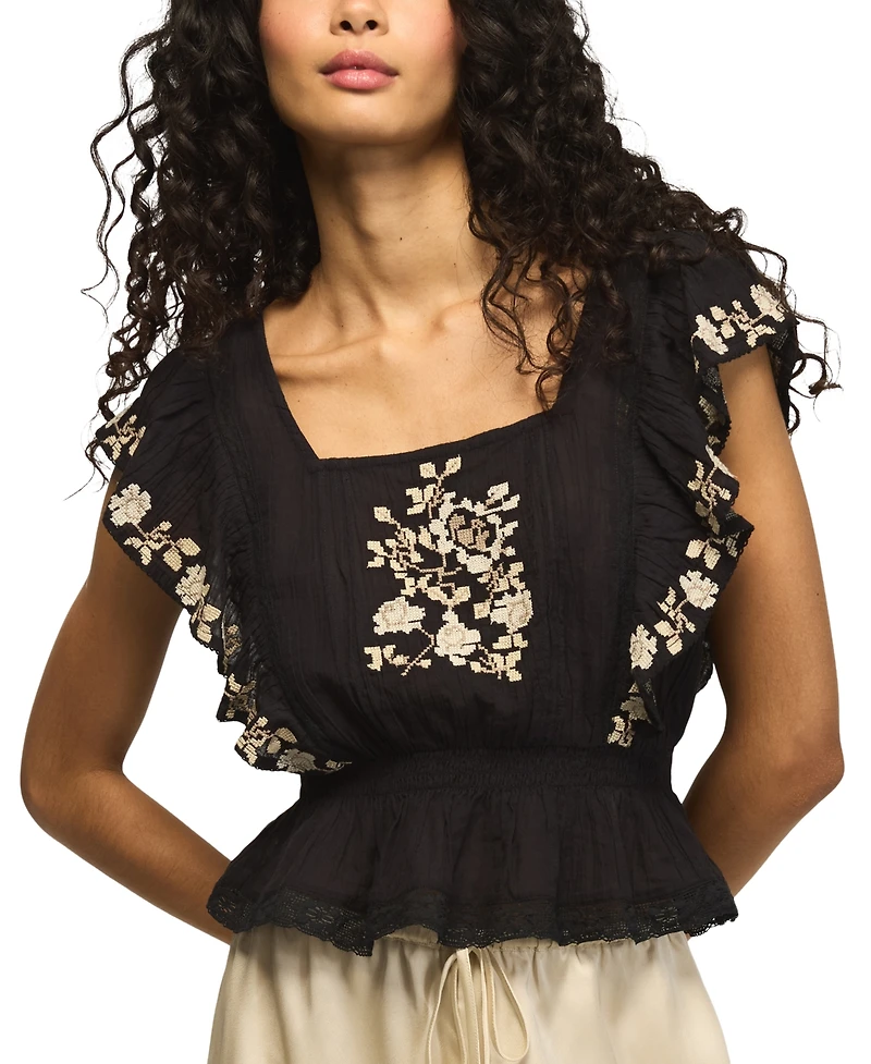 Lucky Brand Women's Contrast Embroidered Square Neck Ruffle Top