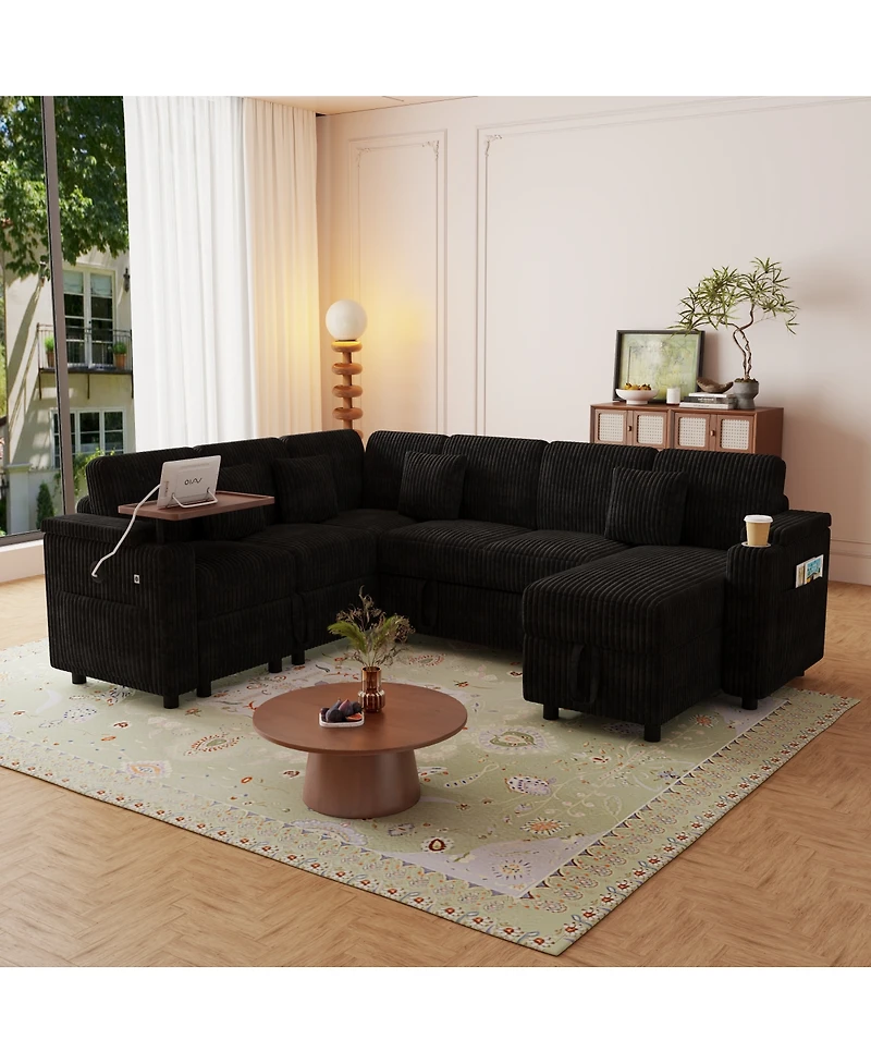 Streamdale Furniture 100'' U-Shaped Corduroy Sofa Bed with Usb Storage and Cup Holders