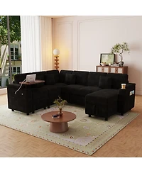 Streamdale Furniture 100'' U-Shaped Corduroy Sofa Bed with Usb Storage and Cup Holders