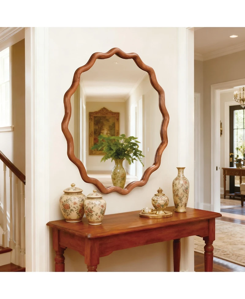 Midola 30-inch Wavy Round Solid Wood Frame Decorative Mirror, For Bedroom, Bathroom, Living Room, Entryway