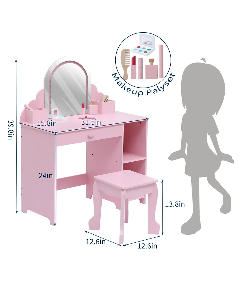 homfan Elegant Vanity Desk with Mirror and Lights, Princess Makeup Table Stool, Drawer Open Storage Shelves, Wooden Dressing