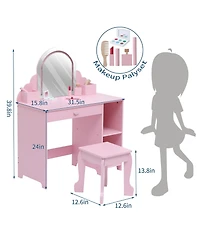 homfan Elegant Vanity Desk with Mirror and Lights, Princess Makeup Table Stool, Drawer Open Storage Shelves, Wooden Dressing