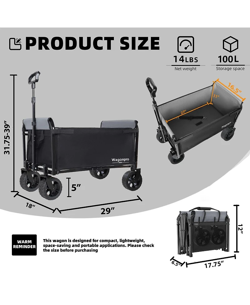 Streamdale Furniture Upgraded Convertible Folding Wagon with Wide Wheels 220Lbs Capacity