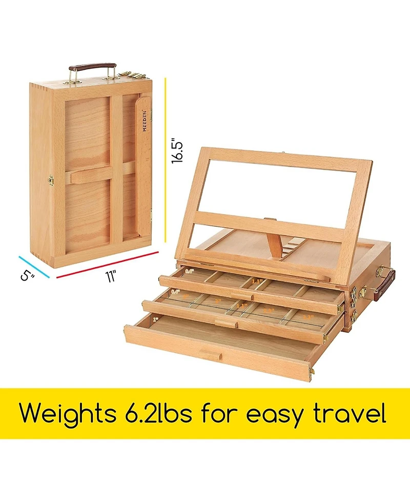 Meeden Large Adjustable Artist Tabletop Sketchbox Easel- Multi-Function Solid Beech Wood Storage Box Easel with 3-Drawer for Artist