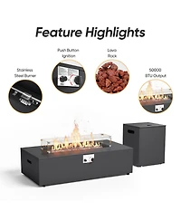 Pocassy 2-Piece Modern Fire Pit Table with Tank Table 50,000 Btu Deck Fire Pit Table Includes Wind Guard, Lid and Rocks
