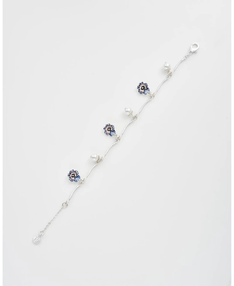 Fable England Silver Pansy and Pearl Charm Bracelet