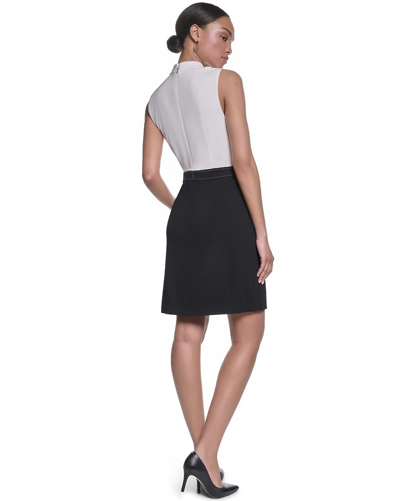 Karl Lagerfeld Paris Women's Mock Neck with Inverted Pleated Skirt Dress