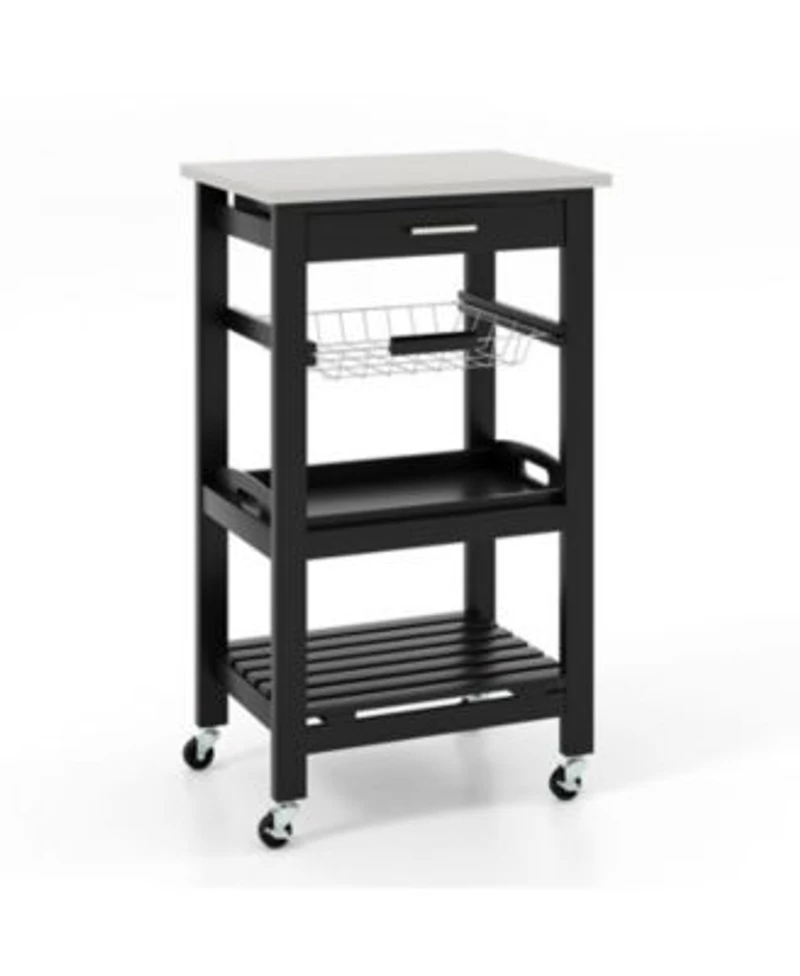 Gouun Kitchen Rolling Island Cart with Stainless Steel Tabletop Wire Basket