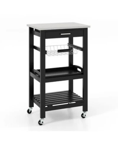 Gouun Kitchen Rolling Island Cart with Stainless Steel Tabletop Wire Basket