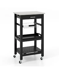 Gouun Kitchen Rolling Island Cart with Stainless Steel Tabletop Wire Basket
