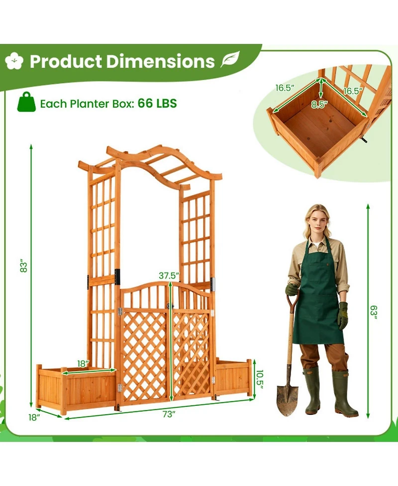 Gouun 83 in Wooden Garden Arbor with Gate and 2 Side Planter Boxes