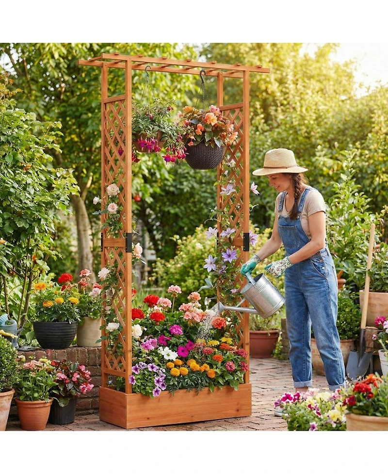 Gouun 89 in Tall Wooden Raised Garden Bed with Side Trellis and Hanging Roof