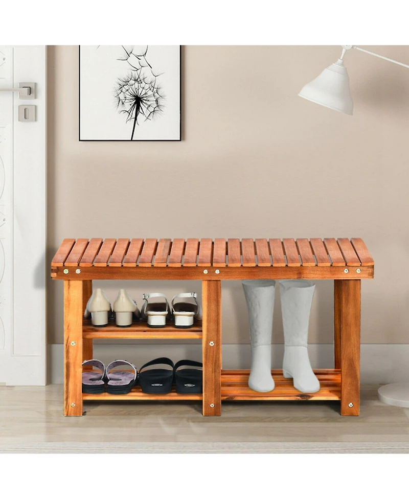 Gouun 3-Tier Freestanding Wooden Shoe Organizer Storage Rack with Bench Seat