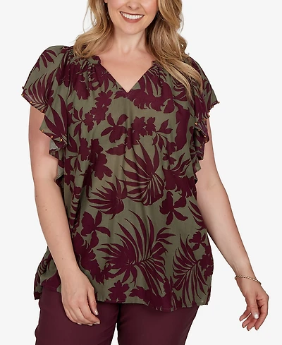 Ruby Rd. Plus Tropical Print Gauze Flutter-Sleeve Top