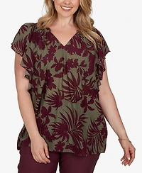 Ruby Rd. Plus Tropical Print Gauze Flutter-Sleeve Top