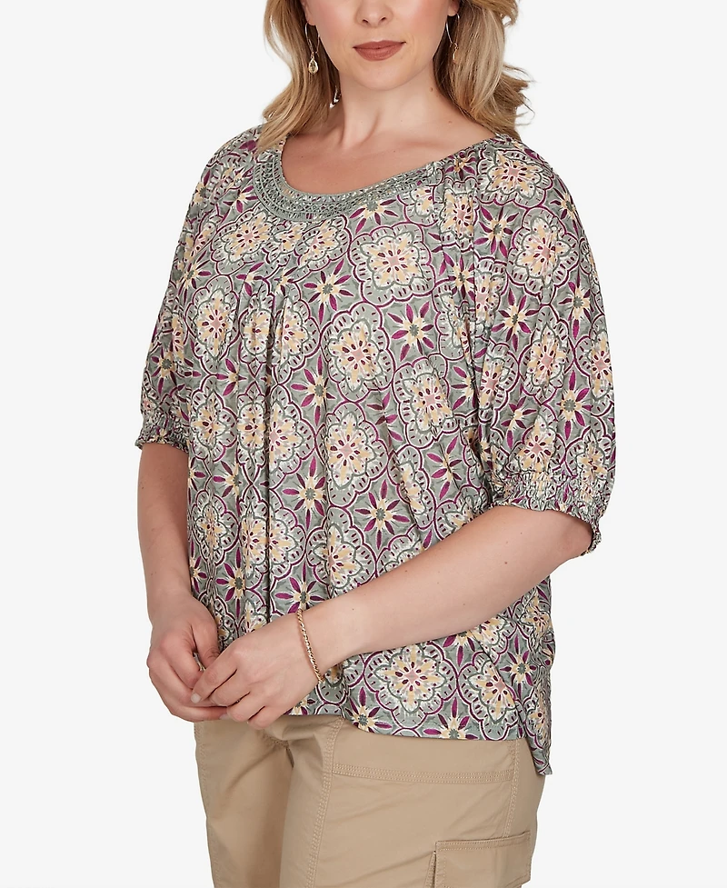 Ruby Rd. Plus Desert Geo Print Lace Trim Knit Top