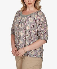 Ruby Rd. Plus Desert Geo Print Lace Trim Knit Top