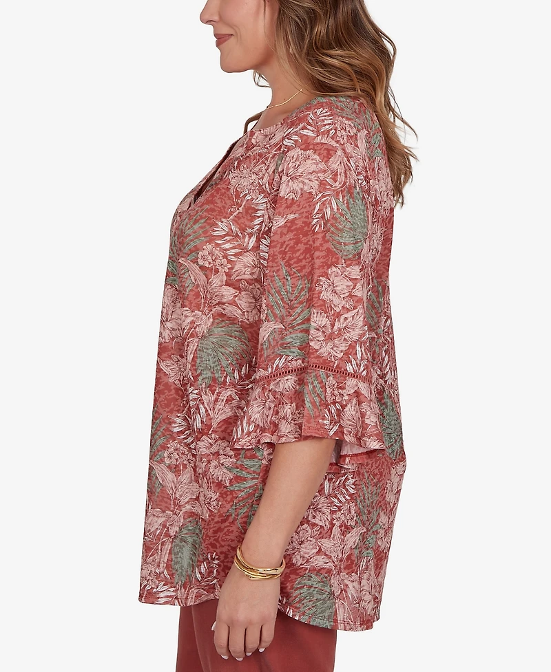 Ruby Rd. Plus Tropical Floral Burnout Split Neck Top