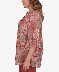 Ruby Rd. Plus Tropical Floral Burnout Split Neck Top