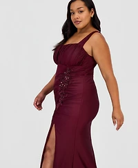 City Studios Trendy Plus Ruched Satin Applique Gown