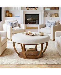 Tribesigns 31.5" Round Storage Ottoman Coffee Table, 2-Tier Modern Circle Upholstered Coffee Table with Storage and Solid Wood Base