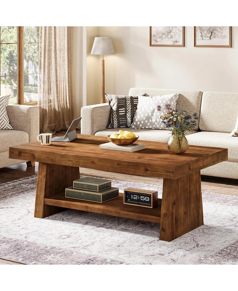 Tribesigns 2-Tier Solid Wood Coffee Table, 47-Inch Rectangular Wood Coffee Table, Farmhouse Center Table with Storage