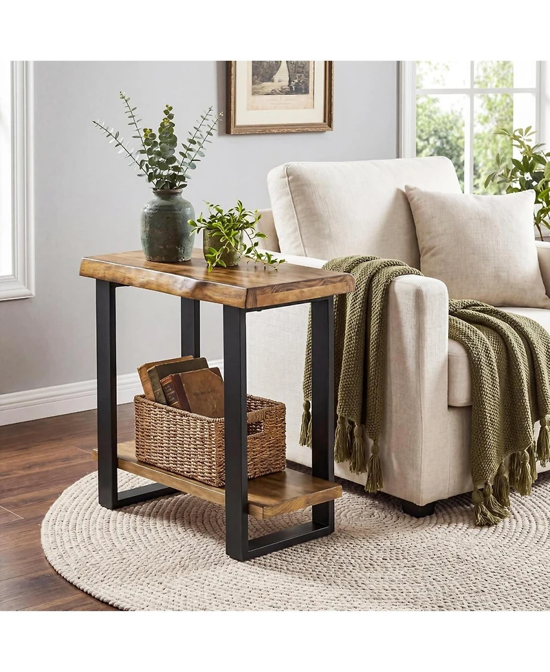Tribesigns Solid Wood Side Table, Industrial Pine Wood Nightstand with Iron Frame, 2-Tier Storage Shelf