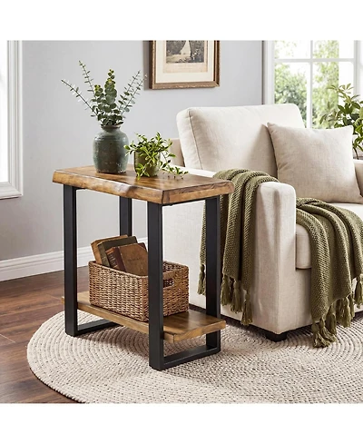 Tribesigns Solid Wood Side Table, Industrial Pine Wood Nightstand with Iron Frame, 2-Tier Storage Shelf