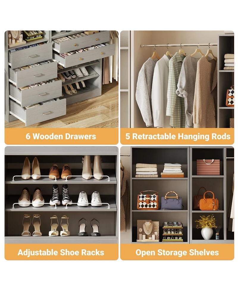 Aheaplus Wooden Closet System Set with 6 Drawers and 5 Hanging Rods and 6 Shelves