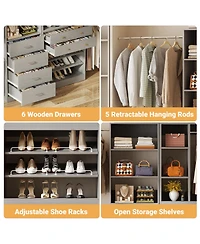 Aheaplus Wooden Closet System Set with 6 Drawers and 5 Hanging Rods and 6 Shelves