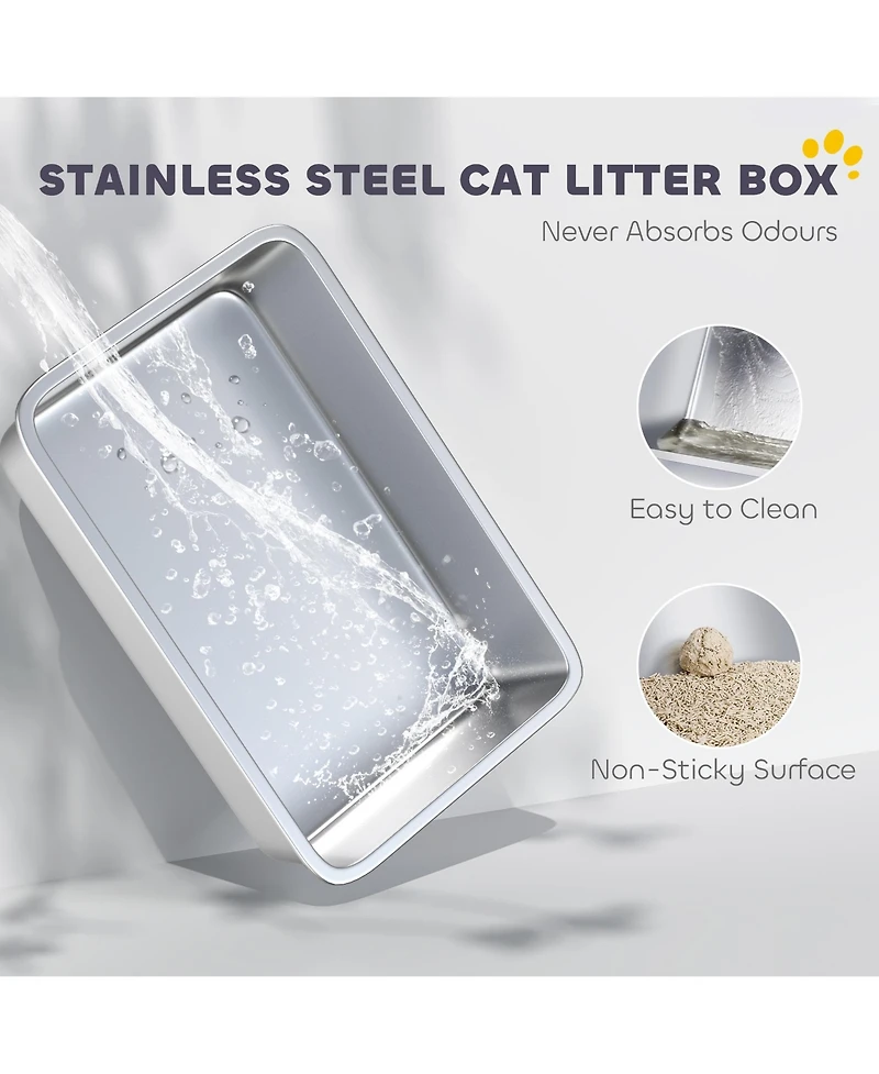 PawHut Xl Stainless Steel Cat Litter Box High Sided Include Scoop Pad