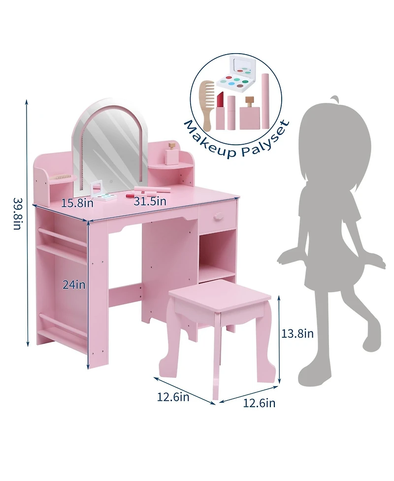 homfan Led Lighted Kids Vanity Table with Mirror, Stool, Bookshelf and Storage – Princess Wooden Makeup Desk for Girls Bedroom or Playroom