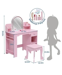 homfan Led Lighted Kids Vanity Table with Mirror, Stool, Bookshelf and Storage – Princess Wooden Makeup Desk for Girls Bedroom or Playroom