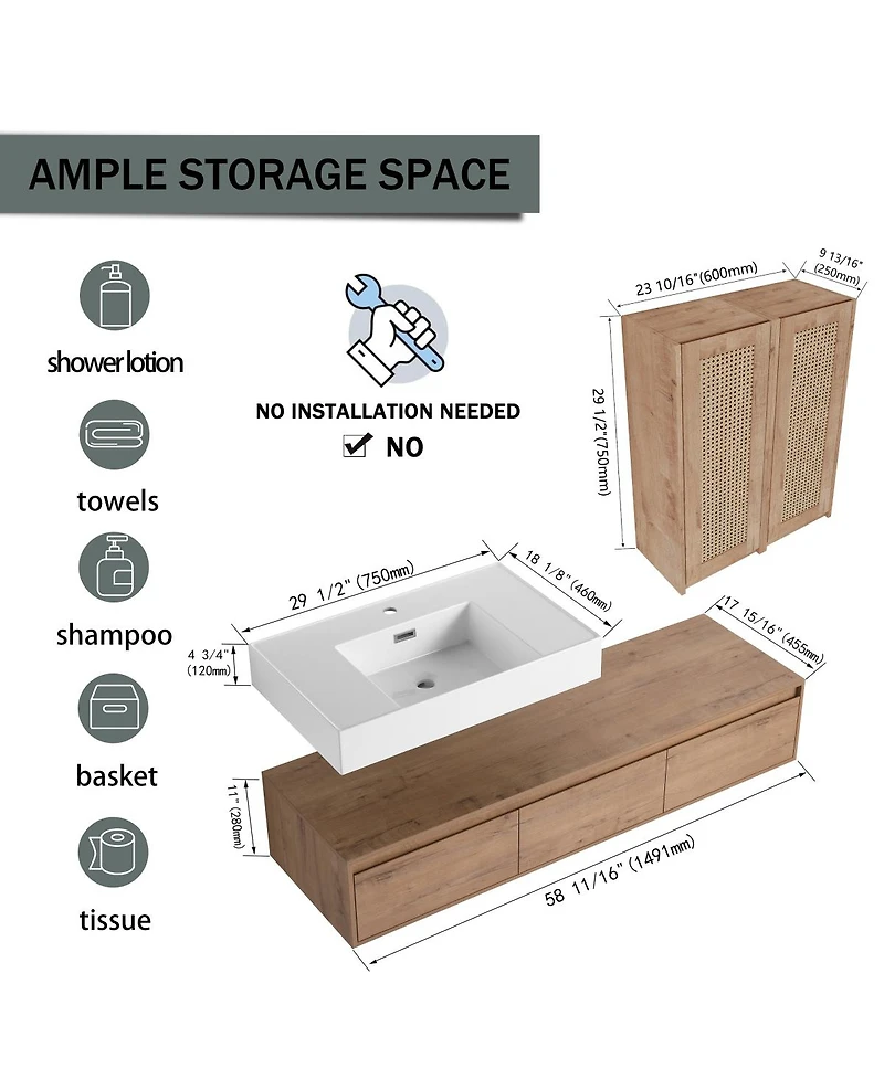 Sillysis Modern Floating Bathroom Vanity with Resin Sink, Three Drawers, Double Wall Mounted Side Cabinets for Ample Storage