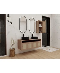 Sillysis 47 Inch Wall Mounted Double Bathroom Vanity Set, Modern Plywood Cabinet with Dual Vessel Sinks, Rotating Rattan Side Storage
