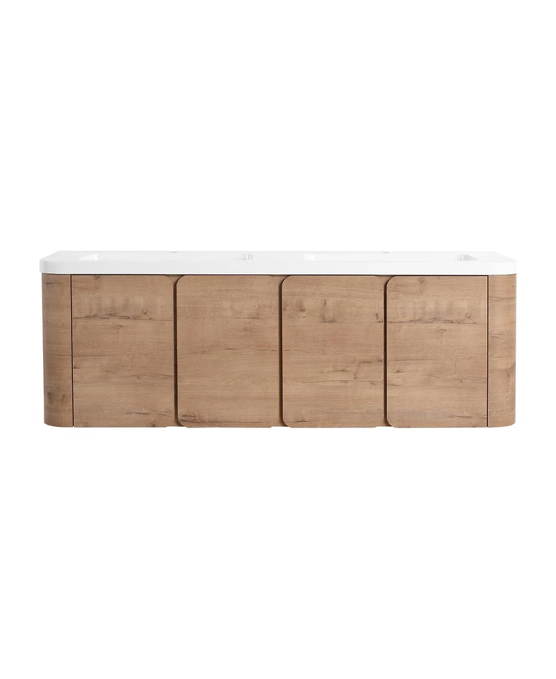 Sillysis 60 Inch Wall Mounted Modern Bathroom Vanity with Double Resin Sink, Soft Close Doors, Plywood Cabinet for Storage