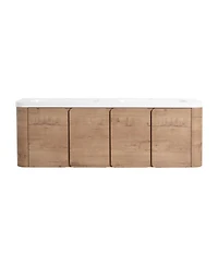 Sillysis 60 Inch Wall Mounted Modern Bathroom Vanity with Double Resin Sink, Soft Close Doors, Plywood Cabinet for Storage
