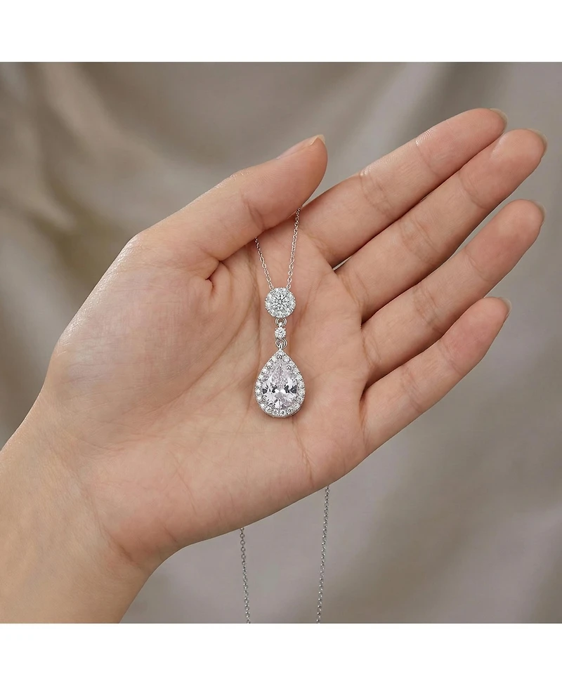 Genevive Modern White Gold Plated Cz Vintage Teardrop Pendant Necklace