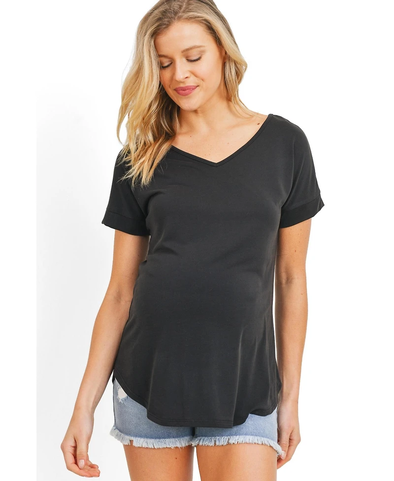 Hello Miz Maternity Short Sleeve V Neck Top with Back Strap Detail