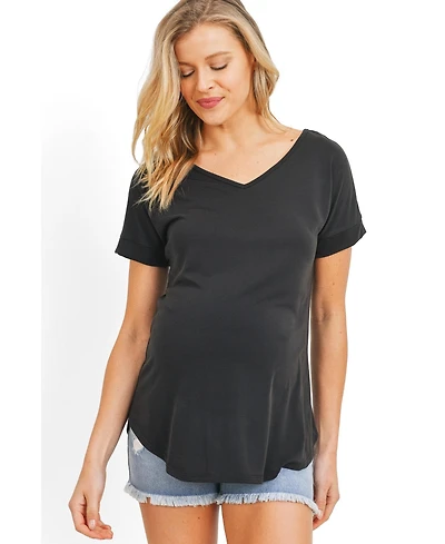 Hello Miz Maternity Short Sleeve V Neck Top with Back Strap Detail