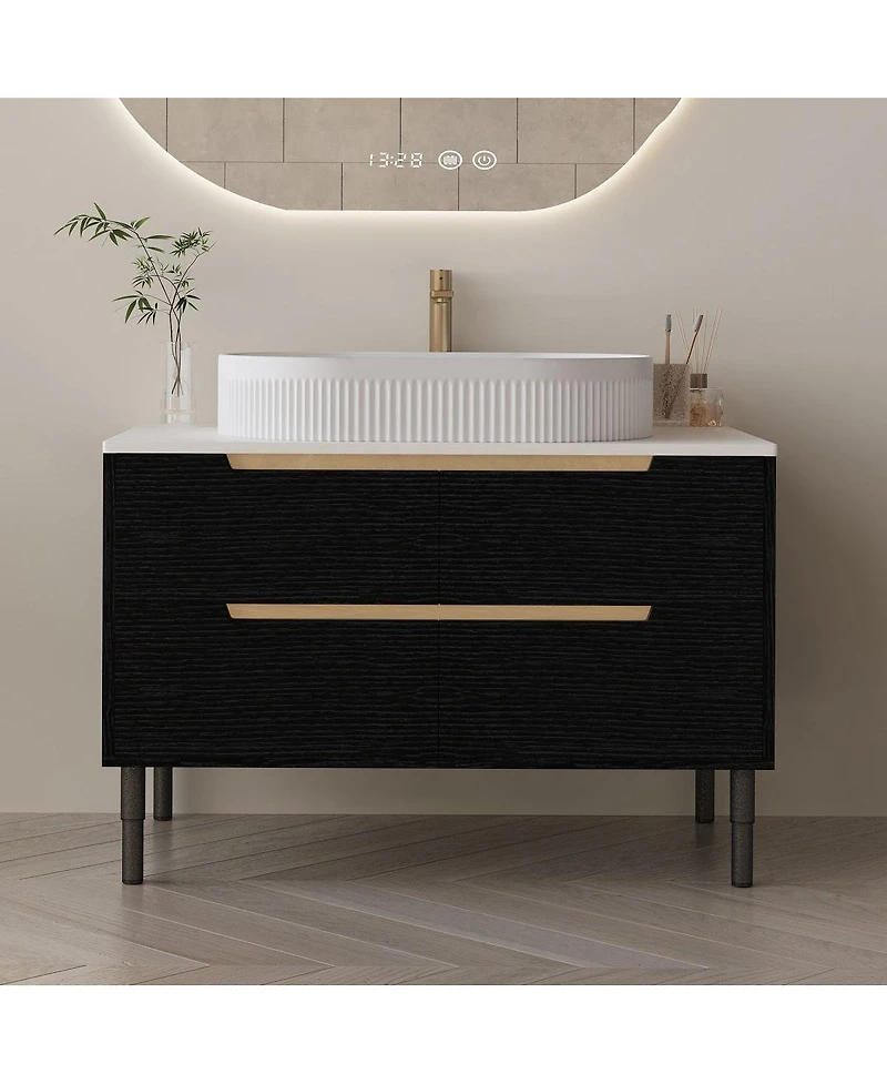 Thirtypeachy 36" Walnut Modern Sintered Stone Freestanding Bathroom Vanity Set, Ceramic Sink Included, 2 Drawers And Cabinets
