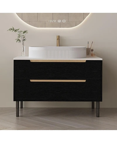 Thirtypeachy 36" Walnut Modern Sintered Stone Freestanding Bathroom Vanity Set, Ceramic Sink Included, 2 Drawers And Cabinets