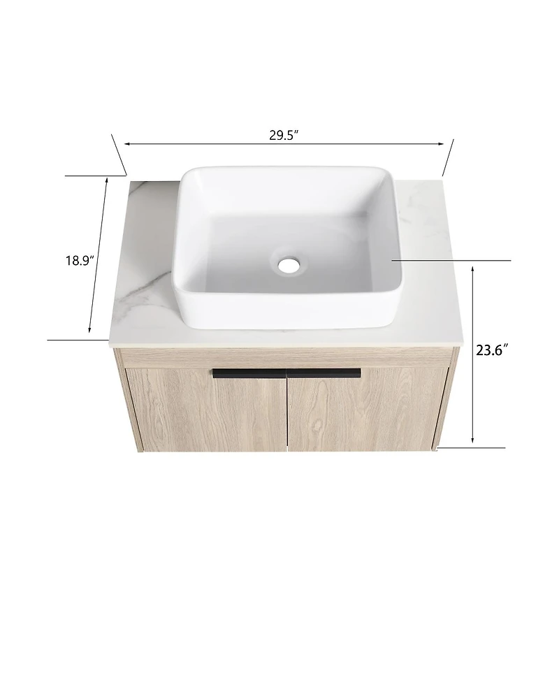 Sillysis Wall Mounted Bathroom Vanity with Ceramic Vessel Sink,Stone Top, Soft Close Doors, Modern Handle Design