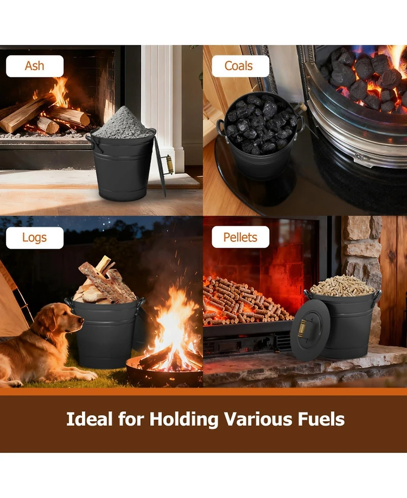 Gouun Gallon Metal Coal Ash Can with Wooden Lid and Side Grip Handles
