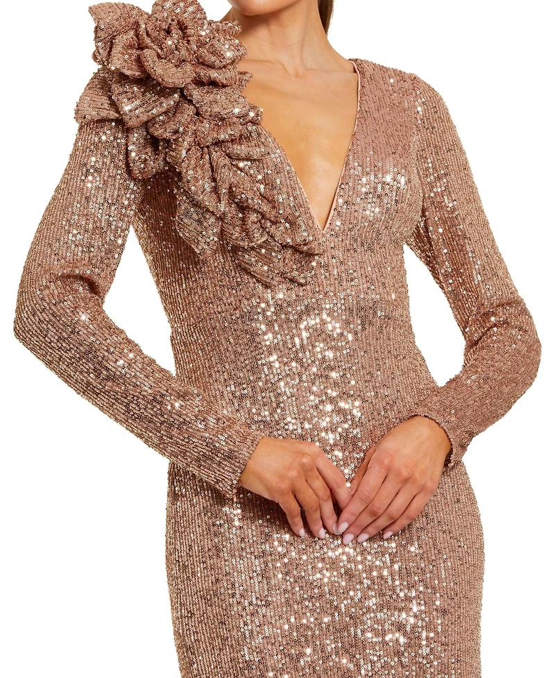 Mac Duggal Women's V-Neck Sequin Evening Gown with 3D Floral Applique